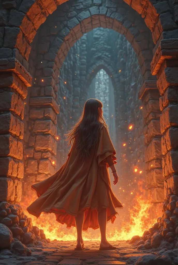 disney pixar poster.  with long brown hair and bangs with brown clothes and a cape who stands in the basement of a castle and shoots fiery arrows