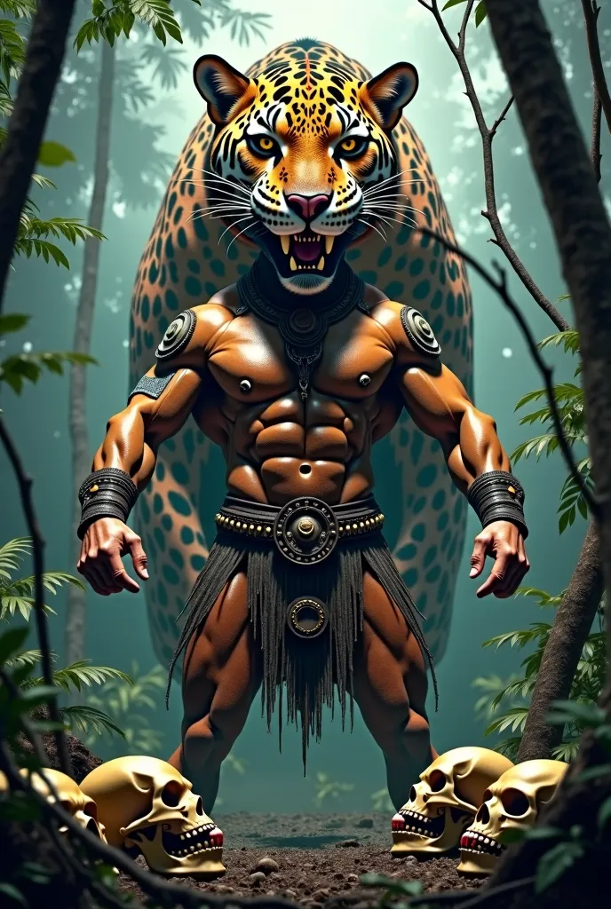 "Create an intense metal album cover with a Brazilian theme. In the center, feature a muscular indigenous Brazilian warrior resembling the figure from Sepultura's 'Roots' album, with a fierce, angry expression and tribal attire. Behind the warrior, add a m...