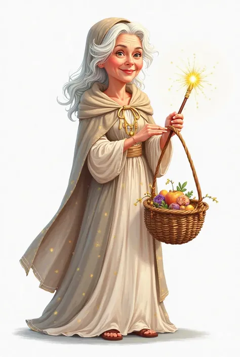 create a clipart of a fairy god mother holding a basket and a wand, with white background 