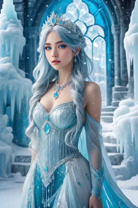 anime girl, beautiful face, ice princess style, turquoise eyes, long blue hair, ice castle background, (eye details), (face details), (body details), (background details), (masterpiece)