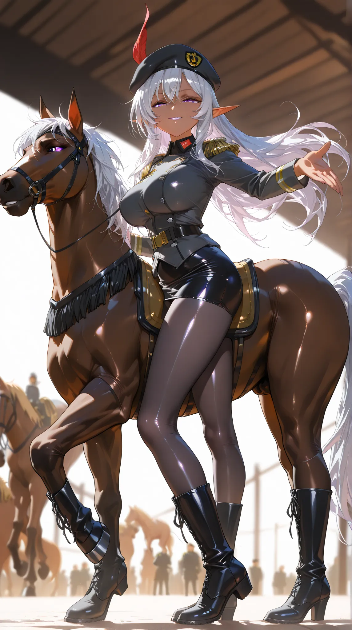 One mature beautiful dark elf woman, (incredible high resolution, masterpiece, highest quality, highly detailed, CG, high quality anime drawing), (female cavalry officer, black latex military uniform with epaulettes: 1.3, beret, pencil skirt, body stocking...