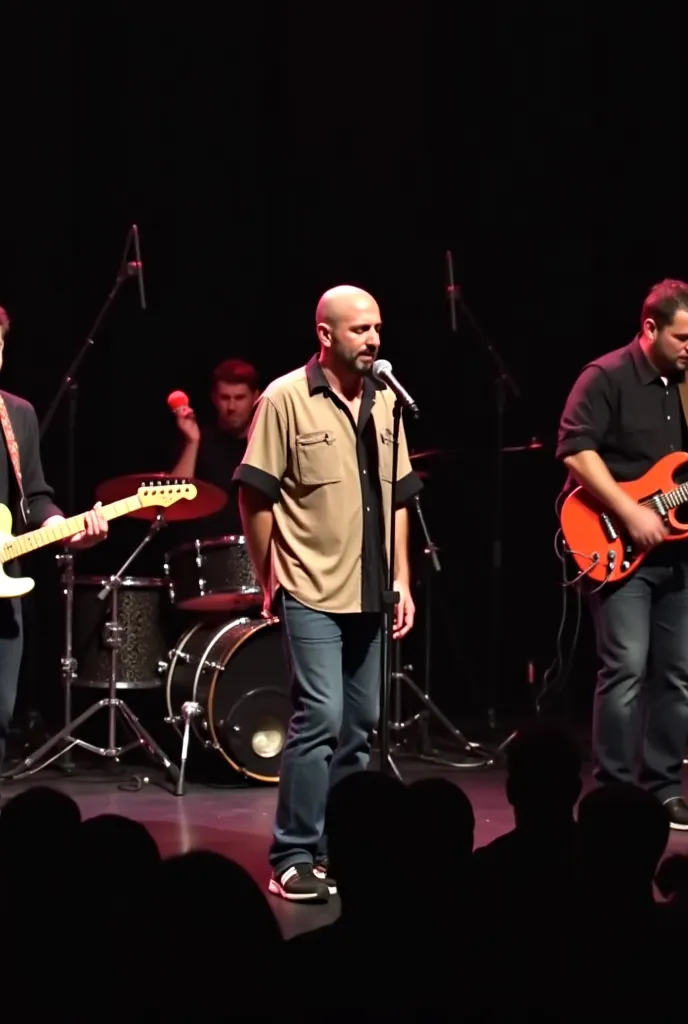 Musical band with a vocal soloist, two guitarists and a drummer, playing on a stage in front of the audience.The vocal soloist is dressed in jeans and a beige shirt with black, is bald and has a short beard and mustache