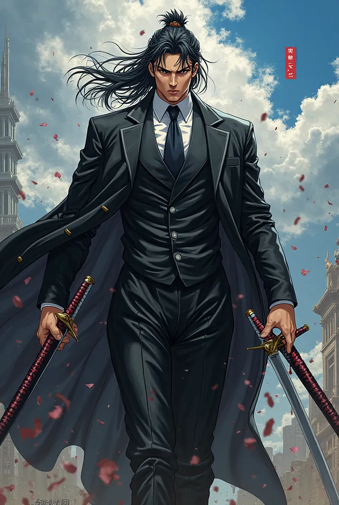 Hero in anime look black formal clothes with 3 sword 