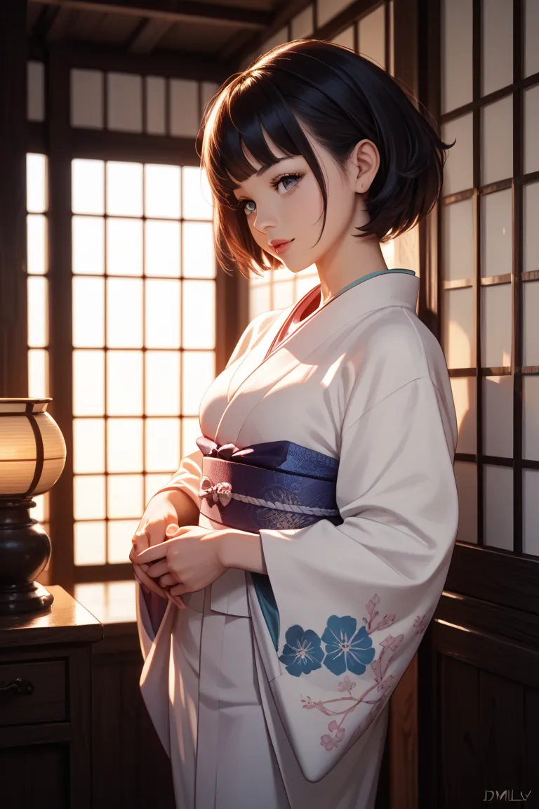 1 Japanese girl,  dark hair, The hairstyle is short,
clothing: I'm wearing a pure white kimono, It has a solid white belt, The belt is loose, all the clothes she wears are completely white