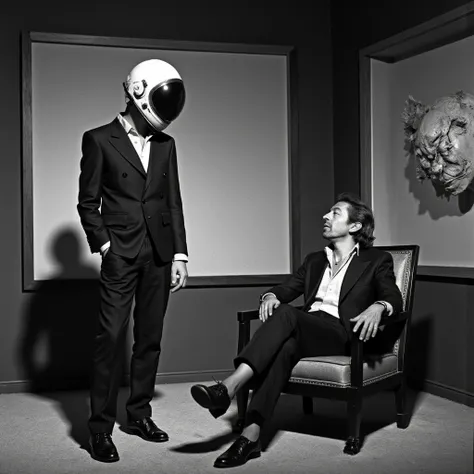 in a 70's television studio, a masked man in a suit wearing a full face space helmet, standing next to serge gainsbourg seated on an armchair looks at the man wearing the helmet, 70's photo, surrealist objects, sergegainsbourg