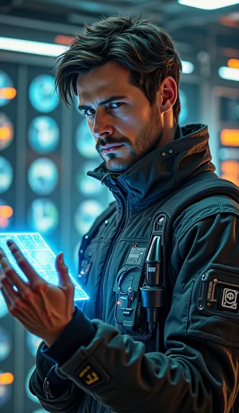 a character with history knowledge and future tec, detailed portrait of a serious-looking person in a futuristic setting, wearing a high-tech suit, holding a holographic display, surrounded by advanced technology, complex machinery, glowing panels, digital...