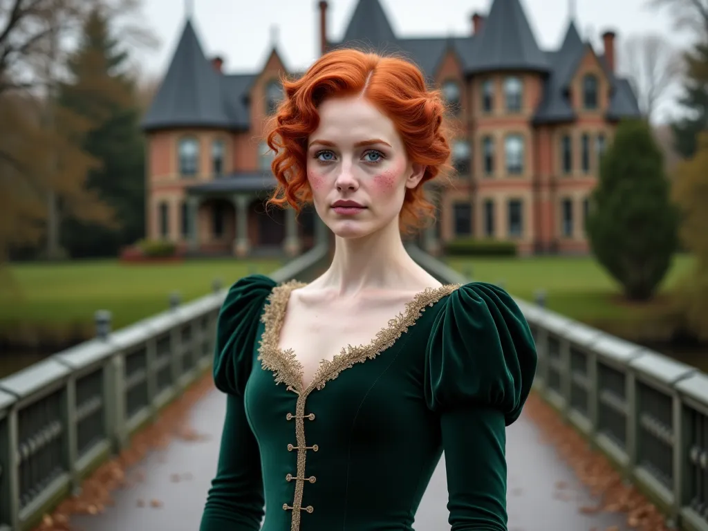 A red headed woman in a very dark green dress. She has curly hair and freckles. Her eyes are bright blue. She has pale skin. She is wearing Victorian clothes. She is standing  on a bridge in front of a Victorian mansion. She has a large bust. She is 24 yea...