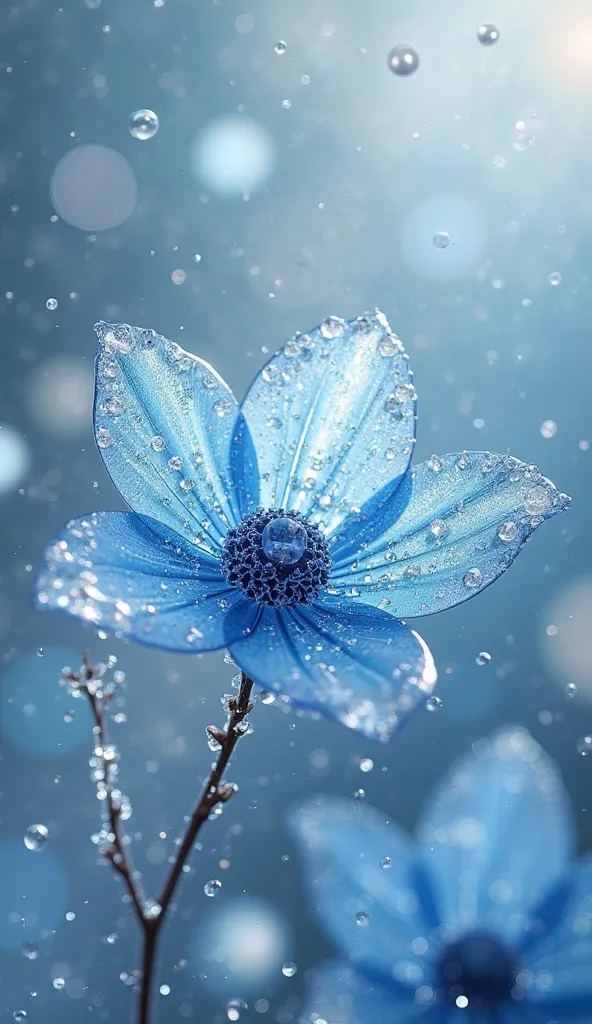 There are lots of small blue nemophila carpets, nemophila carpets, there are lots of glass art, flowers made of glass, glass drop figurines, transparent glass drops art works, unique, fantastic, and shining glass art, spotlights with lots of pearls and bal...