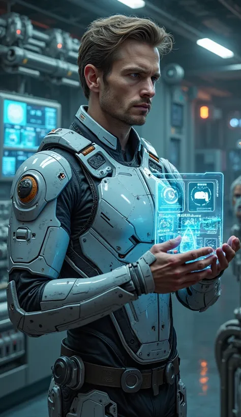 a character with history knowledge and future tec, detailed portrait of a serious-looking person in a futuristic setting, wearing a high-tech suit, holding a holographic display, surrounded by advanced technology, complex machinery, glowing panels, digital...