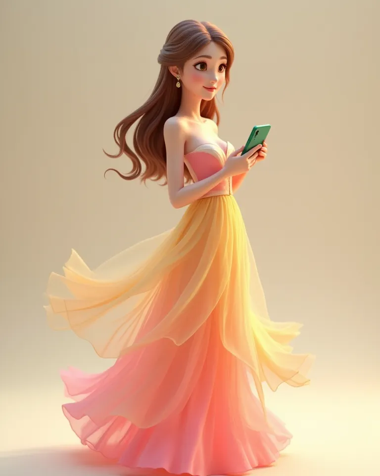 Generate avatar of a woman in a pink and yellow dress,She has brown hair and light brown eyes,Hold a green iPhone,all in 3d, 
