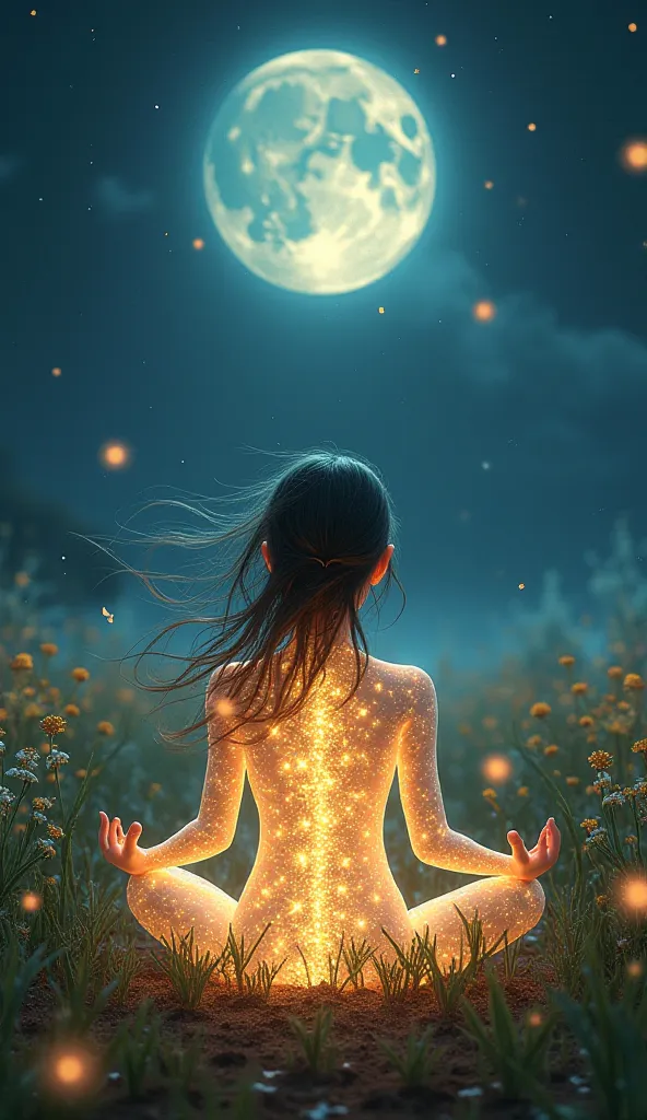 A transparent being with lights inside, meditating against a psychedelic background, with fireflies around it and plants moving, and a beautiful moon in fields of crops of all kinds, full of flowers and a fresh look, the wind moving the plants and the char...