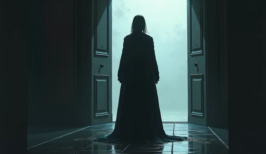 Standing by the door . Her cloak still wet.