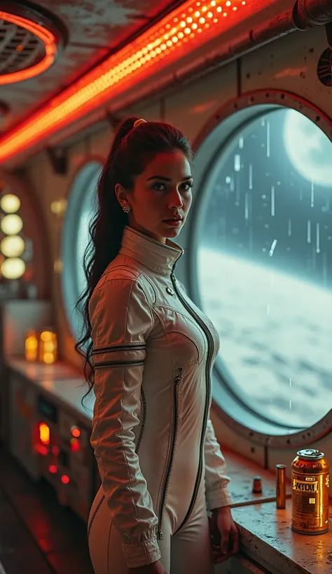 ,looking at viewer, closeup body shot attractive woman in a retro bikini spacesuit stands near a large round window on a vintage spaceship. Outside, the cratered lunar surface glows in the bright sunlight, framing the endless darkness of space. Inside, the...