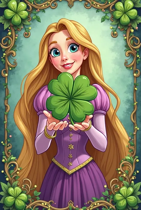 Create in the shape of a cute cartoon Disney Rapunzel holding a 4-leaf clover the size of a card from the gypsy Lenormand deck 