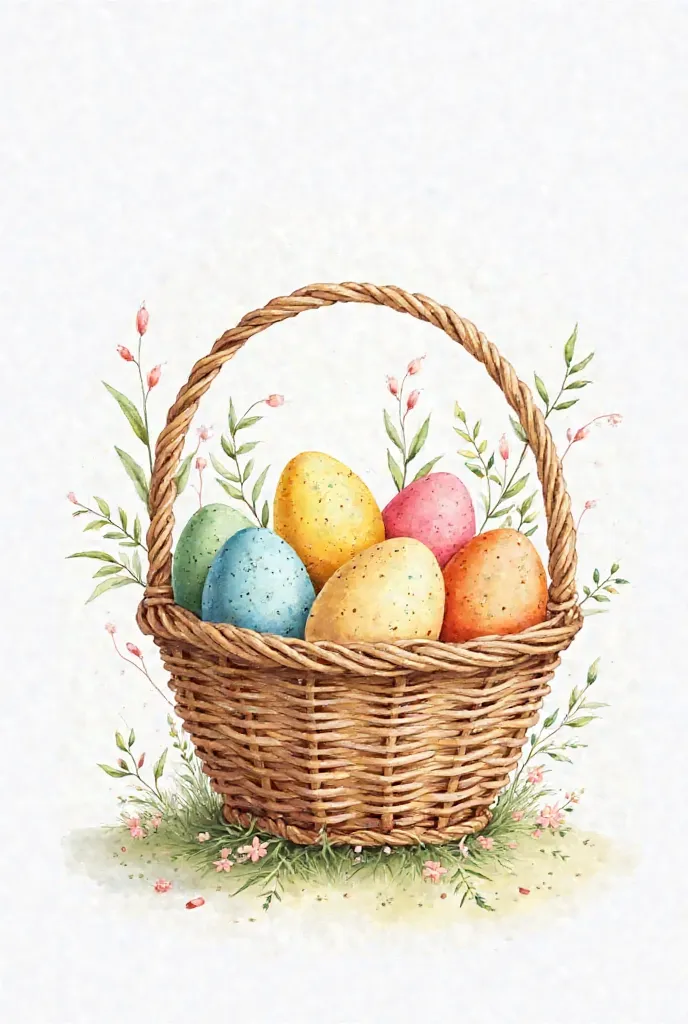 Beautiful watercolor basket filled with colorful eggs. Watercolor On A Totally White Background.