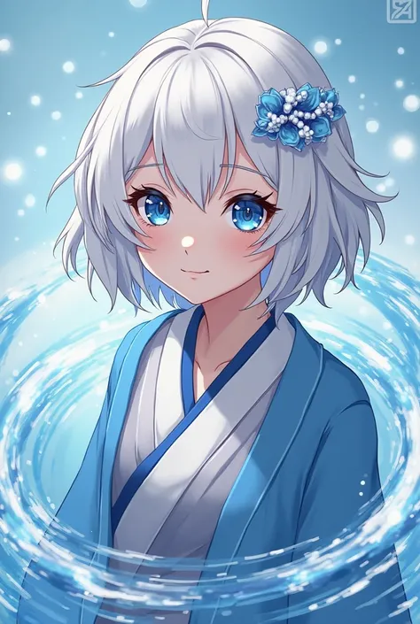 cartoon image of a woman with white hair and blue eyes, God of White Hair, portrait zodiacal knight girl, water from Konoha,  Anime Goddess , Genshin Kokiyo,  cute single character , zodiacal knight girl, Ayaka Genshin , April rendering , Anime Moe Style, ...