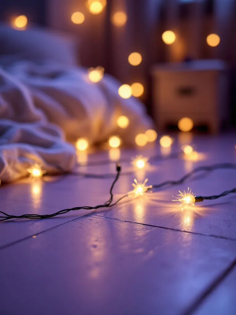 Light Purple Floor, Night Lights, String Lights Closeup, Texture, Angle, White