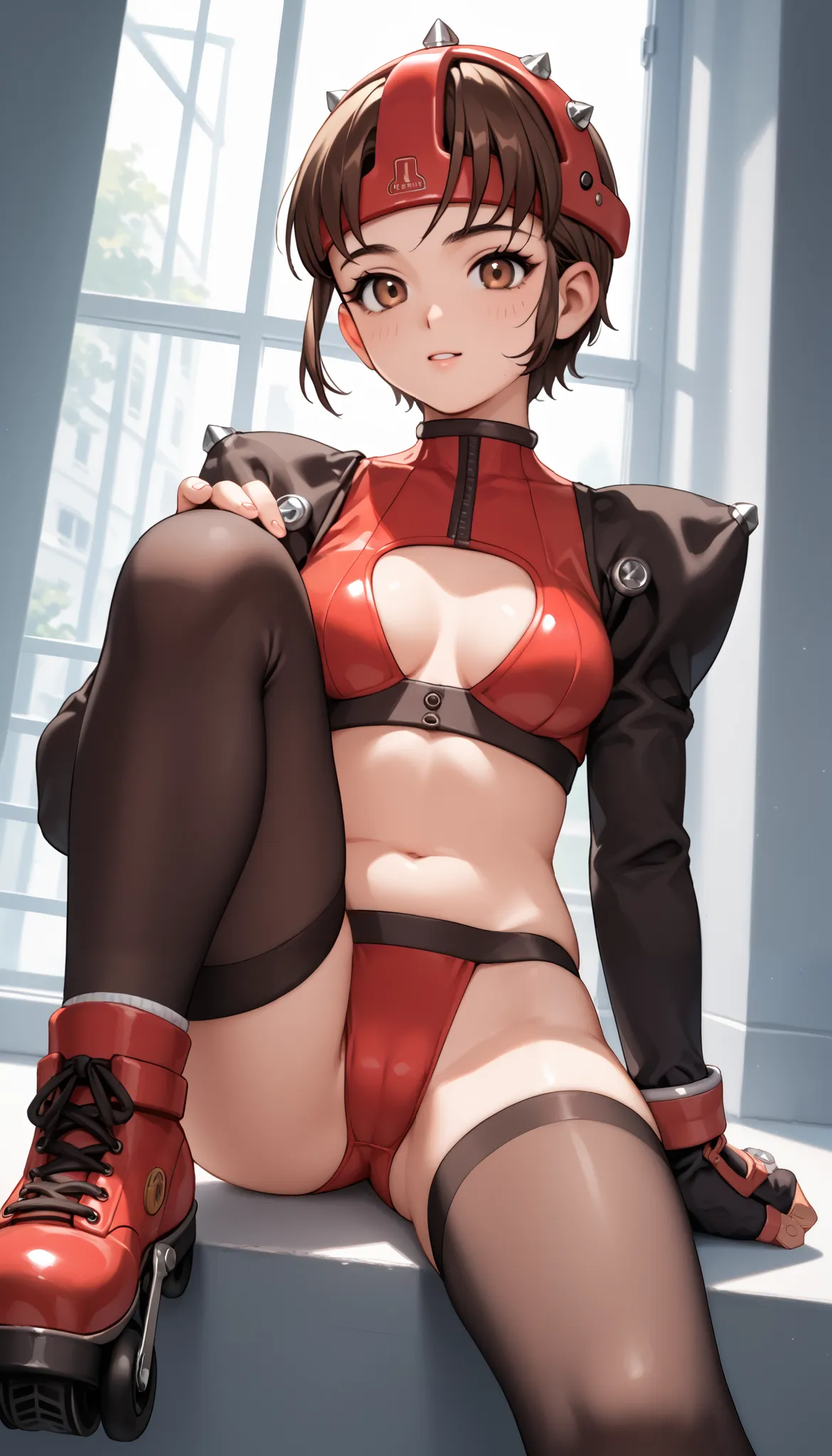 score_9, score_8_up, score_7_up, score_6_up, score_5_up, score_4_up, source_anime,newest,game cg,dutch angle, ultra-detailed face,superclara,brown hair,brown eyes,short hair,navel,thong,medium breasts,helmet,thighhighs,roller skate,sitting,