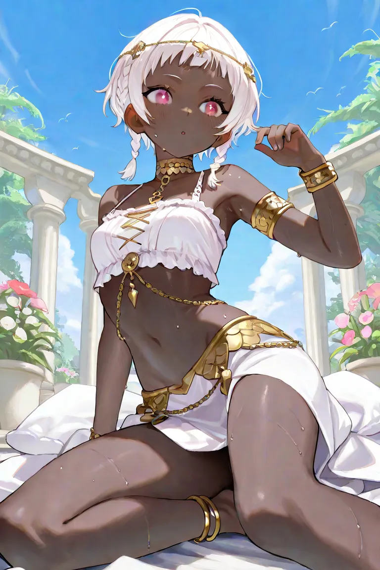 1 girl ,very dark skin+, pixie cut+, white hair+,Side Braids+、  Very short bangs、is embarrassing +,small medium breast+,sweat,blue sky ,masterpiece、top quality、 uncorrected+,choker、bracelet、waist berry chain++、anklet、head chain,Roman empress costume、Floati...