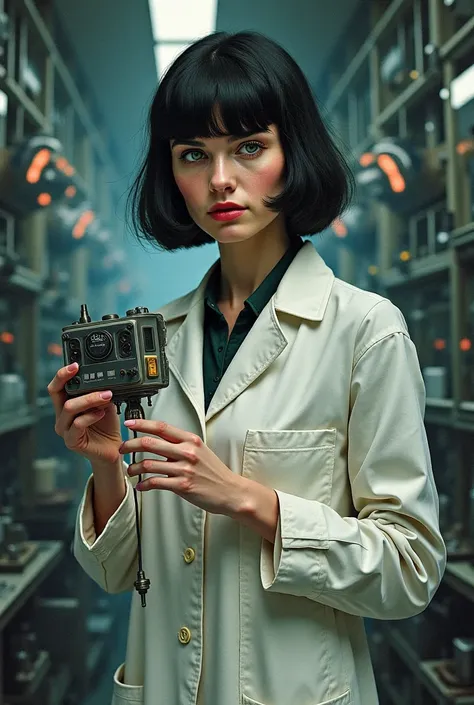 Score_9, score_8_up, score_8, score_7_up, a scientist woman, (face of Evangeline Lilly:Jennifer connelly) black hair, Bob cut hairstyle, lab robe, ((strange electric device in one hand)), inside of a laboratory, year 1925, Lovecraft atmosphere, dark atmosp...