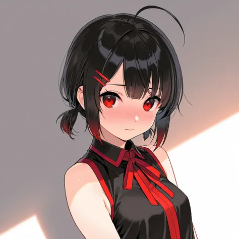 1girl, Solo, Looking at viewer, red and black Hair, short breasts, Nose Blush, Bangs, Red Eyes, Simple background, Out Of Frame, Hair Clip, Hair Ribbon, Torogao, short Hair, Ahoge, Devil Pupils,