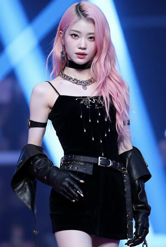 Soft creamy pastel pink hair , western make up , dior, blue eyes , nude pink make up , ถ่ายแบบ , shiny hair , high quality , at stage , concert black dress , cold , black tank top or spaghetti strap top with edgy details.
Overall, this outfit blends elemen...