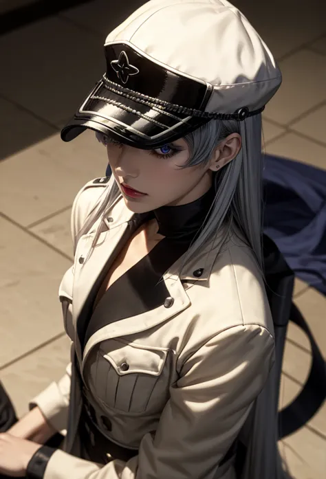 Create an image of the most stunningly beautifully Esdeath elite Officer, Stunningly gorgeous beautiful perfect face, long luscious eyelashes,  black eyeliner, perfect makeup, lipstick, vibrant sapphire eyes, perfect smooth skin, long platinum blonde hair,...