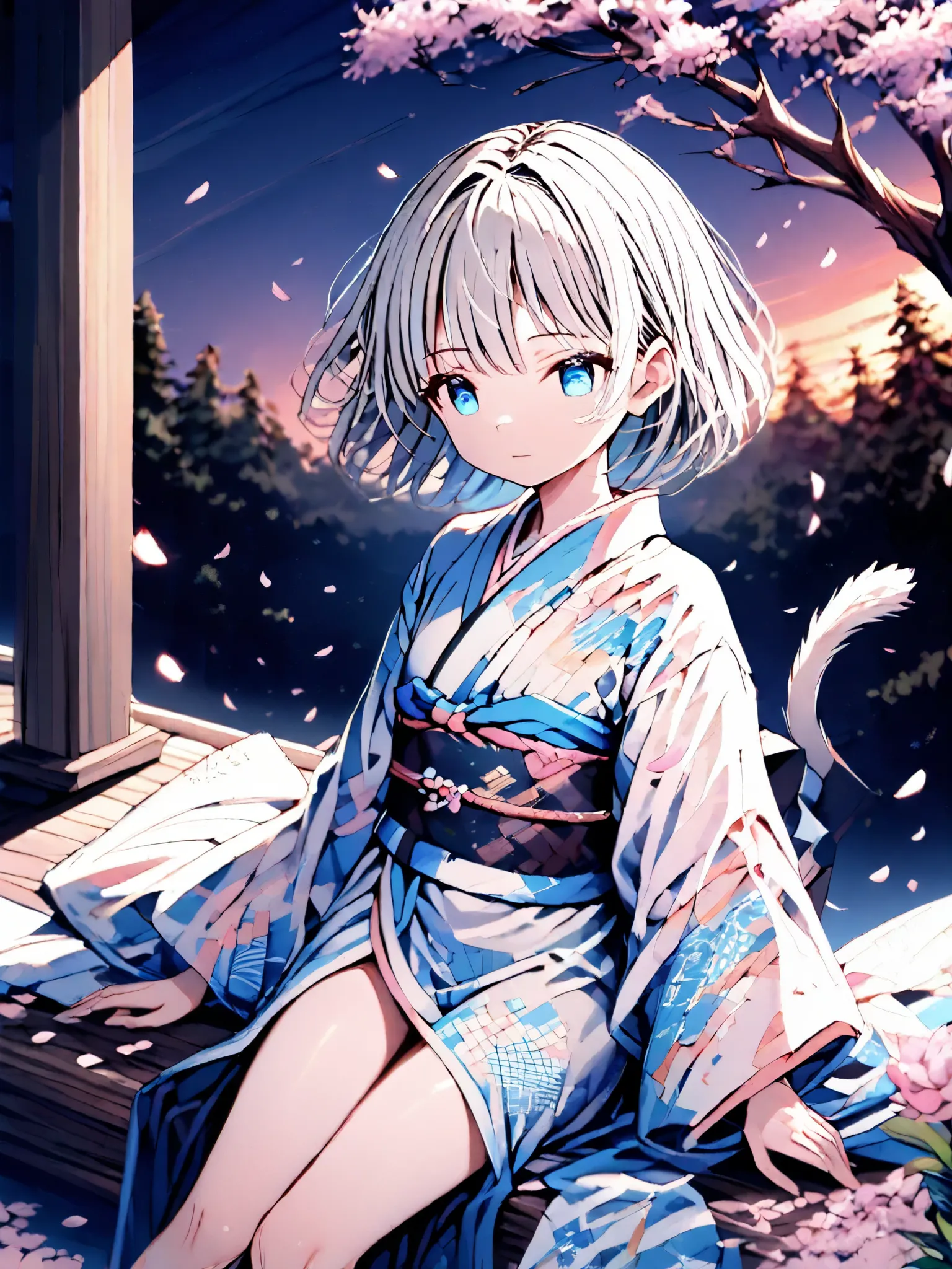 masterpiece, {{best quality}}, {{{super detailed}}}, {beautifully detailed eyes}, software, (Alone:1.0), (15yo girls:1.3),  Mysterious Forest ,short twin tail,  knee shot ,Detailed Patterned Kimono , (Gray hair :1.2), (blue eyes:1.2), (petals, falling  pet...