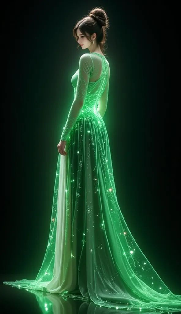 a digital artwork that combines elements of both photography and painting. It portrays a woman in a flowing green gown, standing against a dark background. The gown is adorned with intricate patterns and glowing accents, giving it a magical and ethereal ap...