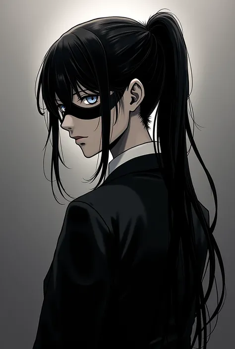 Make manga panel with main character with long tied hair formal clothes and mask