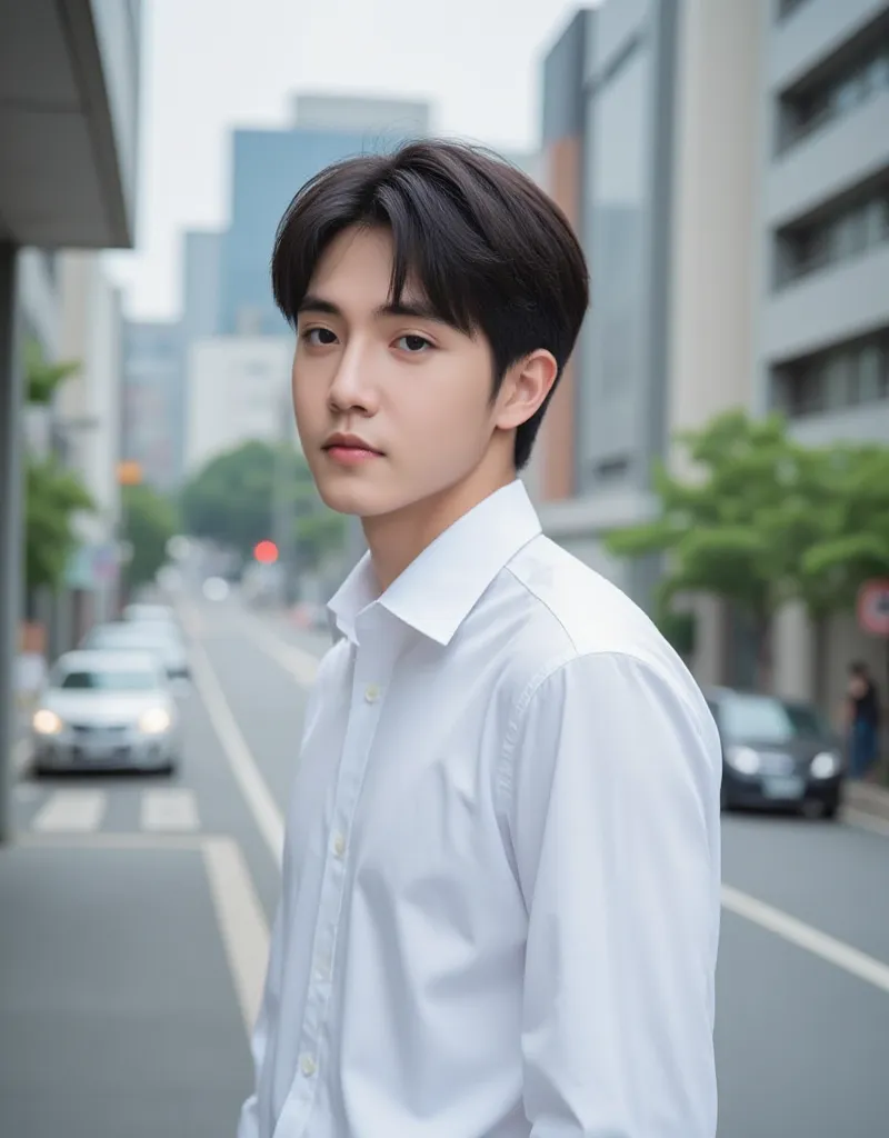 23 years old　Japanese　male　university student　Hairstyle parted in the center　I can see your forehead　Simple Outfit　color of clothing（monotone）　Full body photo（Photos where the face is hard to see）　profile　place（Urban city）　