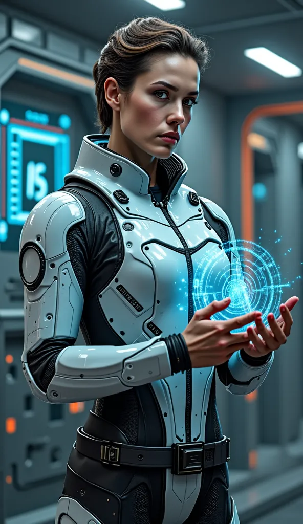 a character with history knowledge and future tec, detailed portrait of a serious-looking person in a futuristic setting, wearing a high-tech suit, holding a holographic display, surrounded by advanced technology, complex machinery, glowing panels, digital...