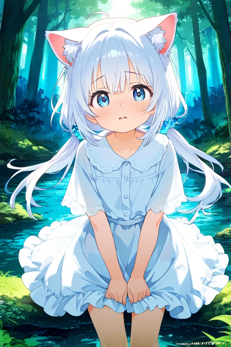  girl、light blue eyes、 white hair、Cat ears、forest、night、shy、monster、Puzzled、Pulling your arm、sex