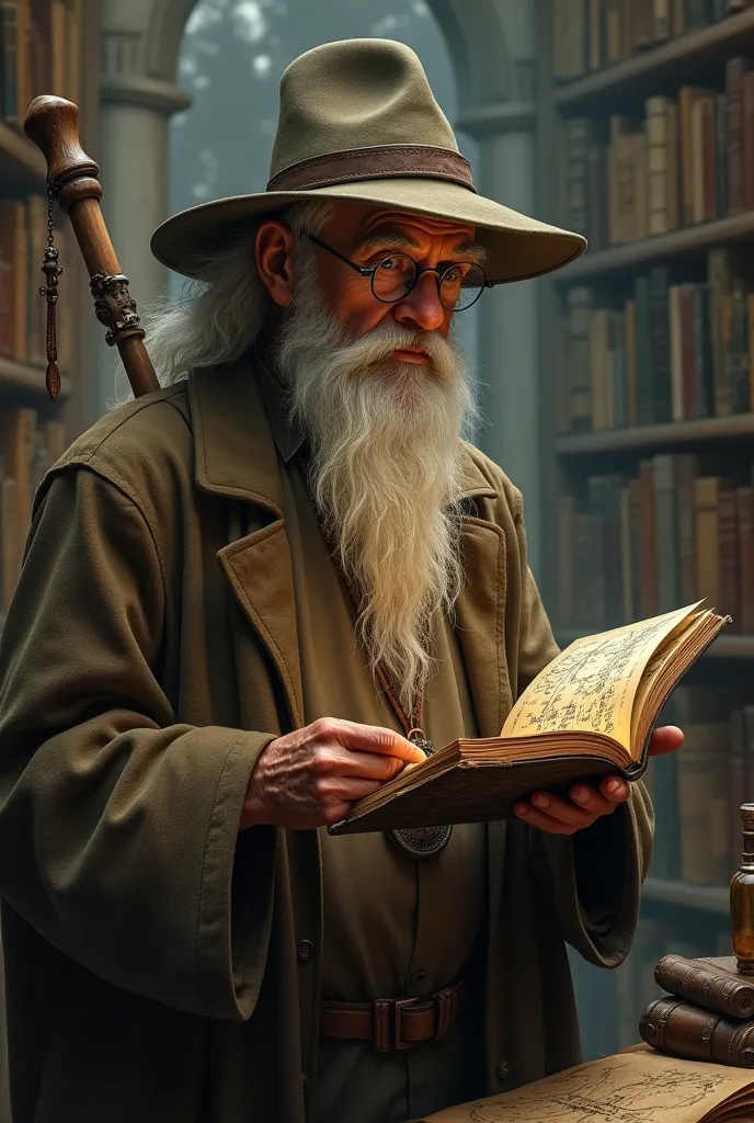 a wise old mathematician (long coat, glasses, maybe a hat).
	•	Carries a math book or staff with limit equations.