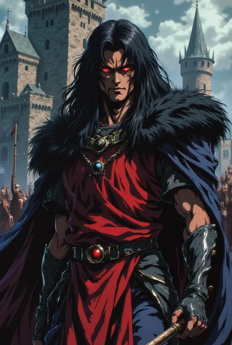 man with dark skin, long black hair, dressed in a red medieval tabard, red eyes, black leather gloves, torn cloak with voluminous black hair on the shoulders, look of superiority and sarcastic smile, castle