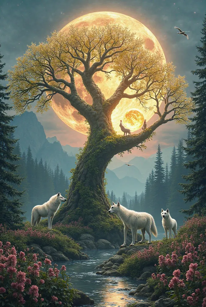 "An ancient, mystical tree with silver-white glowing leaves stands majestically in an enchanted forest valley, illuminated by the warm glow of a massive full moon behind it. The tree has large, divine-like branches that extend like hands, gracefully holdin...