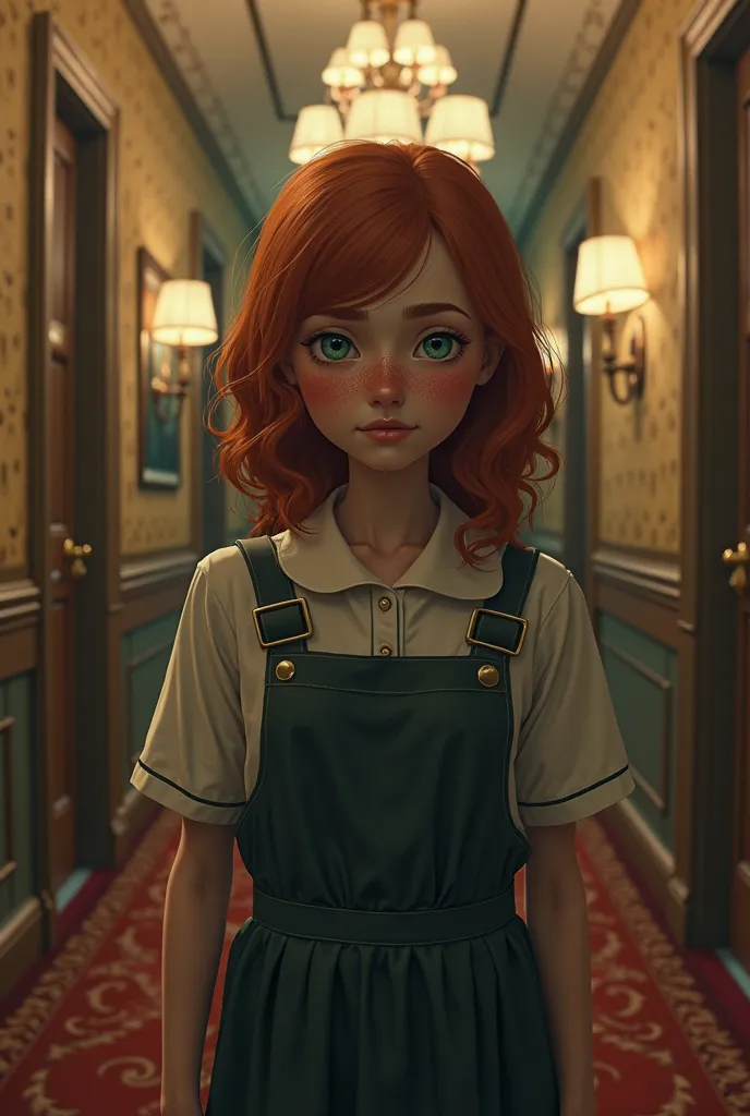 Cinematic horror movie image . Chubby, freckled red-haired girl working at the Overlock Hotel as buttons with the twins of the Shining in the background of the image in the corridors of the Pedro Almodóvar and Stephen King style hotel 