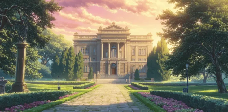 building structure in the middle of a park, stone pathway with bushes, trees in the right and foreground, anime sunset sky, fluffy clouds