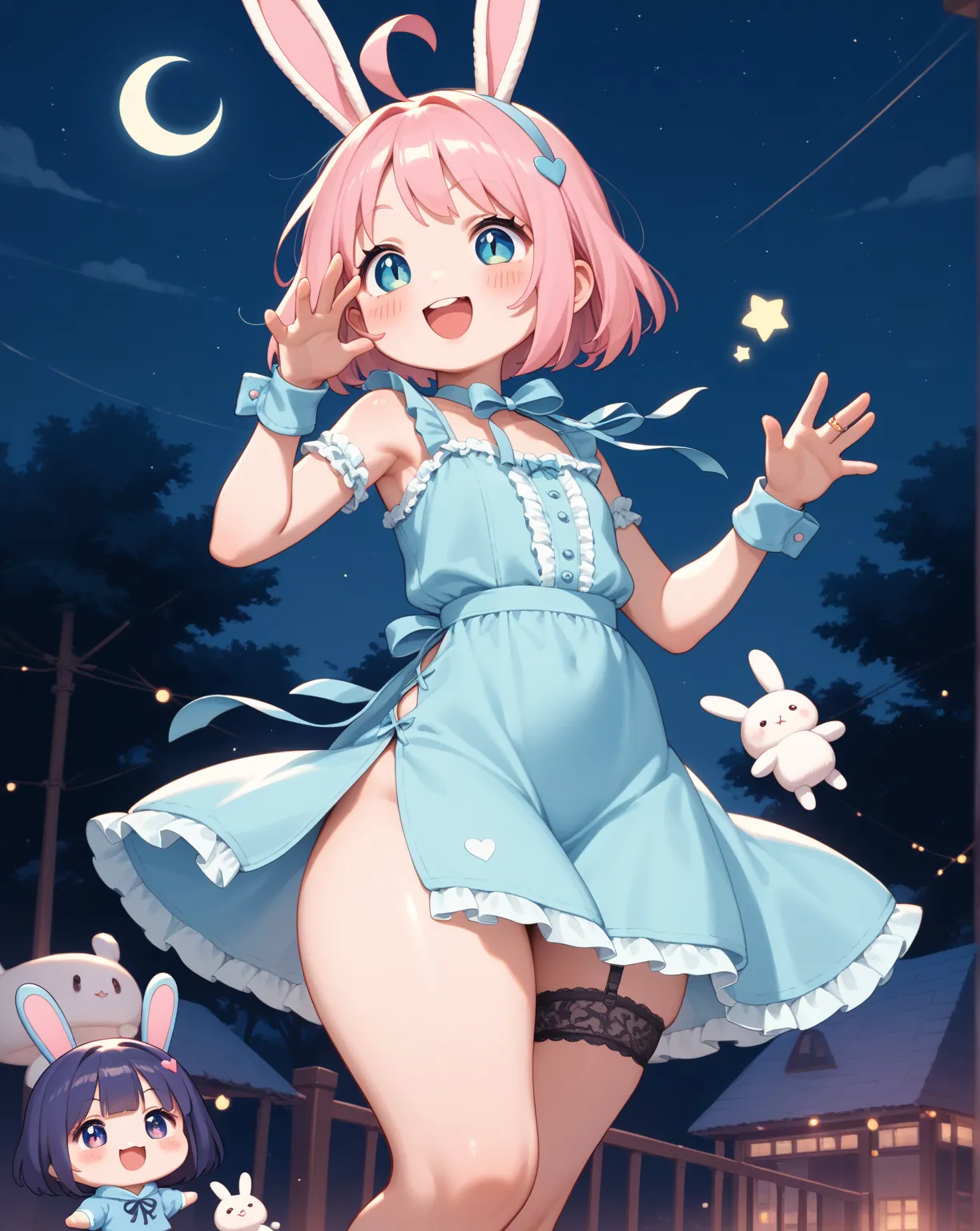 chibi anime , petit girl , round face , show off Thick thighs , bold open side drawstring dress , black garter ring , (heart is beating fast:0.1) , (Rodents tooth) , bold pose , out of frame , looking away , coquettish , stuffed rabbit , turn , night club ...