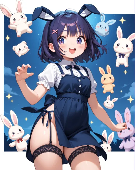 chibi anime , petit girl , round face , show off Thick thighs , bold open side drawstring dress , black garter ring , (heart is beating fast:0.1) , (Rodents tooth) , bold pose , out of frame , looking away , coquettish , stuffed rabbit , turn , night club ...