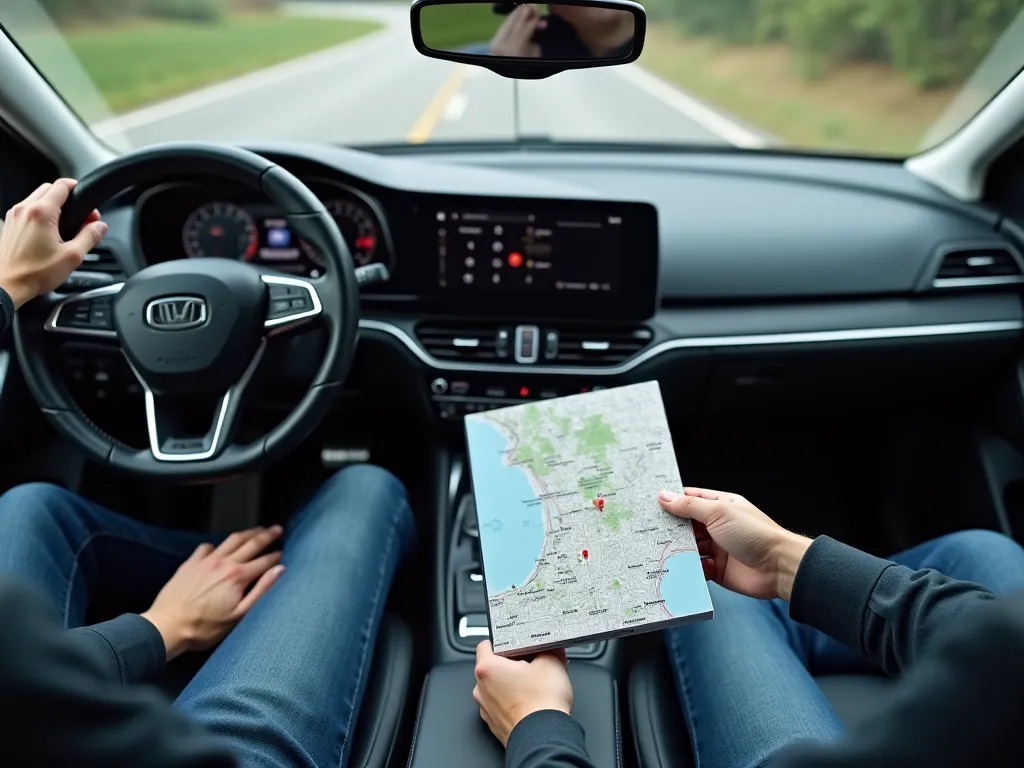 AN IMAGE, By drone, About a double, Filming the driver's side, giving a view only of the driver's hands on the voter and showing a map that is on the dashboard of the car or on the passenger seat, Don't show faces