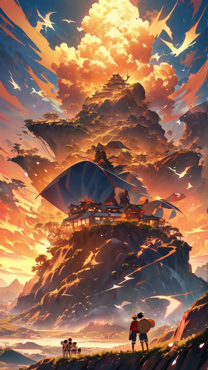 Luffy and naruto and goku in mountain with dragons