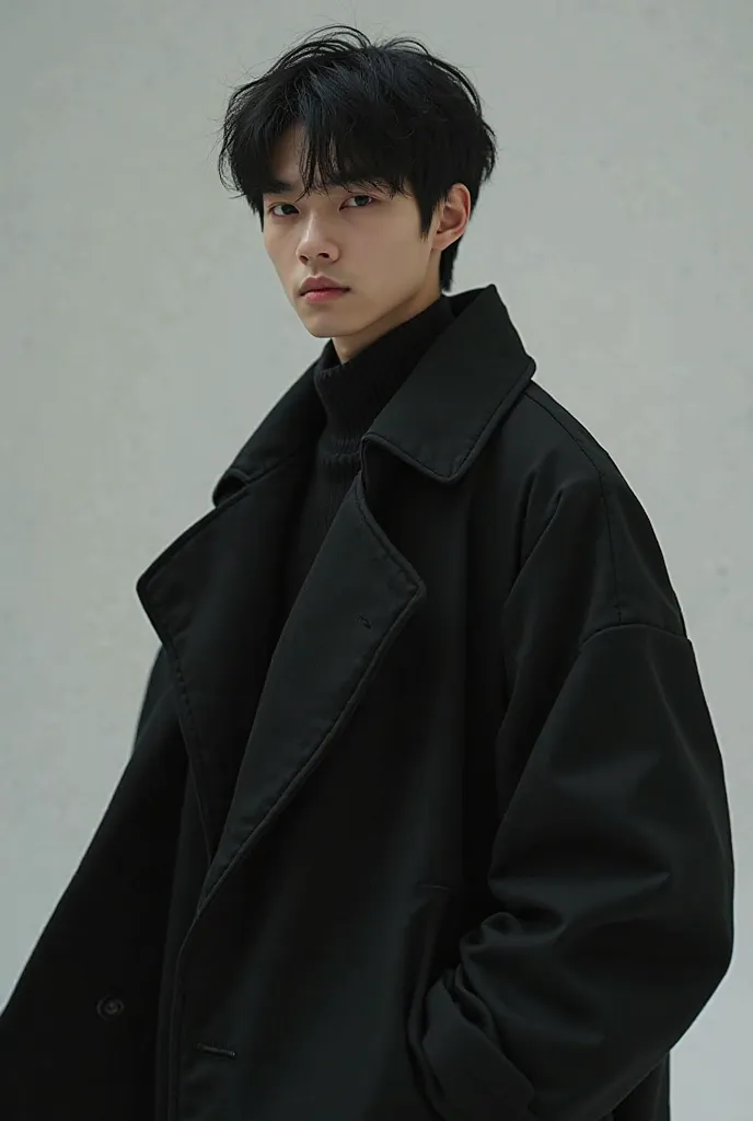 A 20-year-old boy with a thin Korean face, With a big black coat looking at the camera seriously, student, Your hair is round 