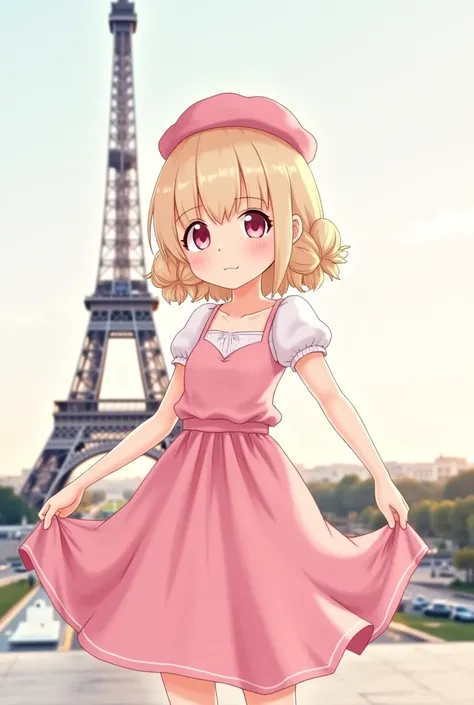 an extremely cute girl, she's french having pink eyes, light blonde hair. she wears a cute french dress. make her look french. art style is anime. Eiffel tower behind in the background of paris. She wears a small pink beret. She did two buns hairstyle down...