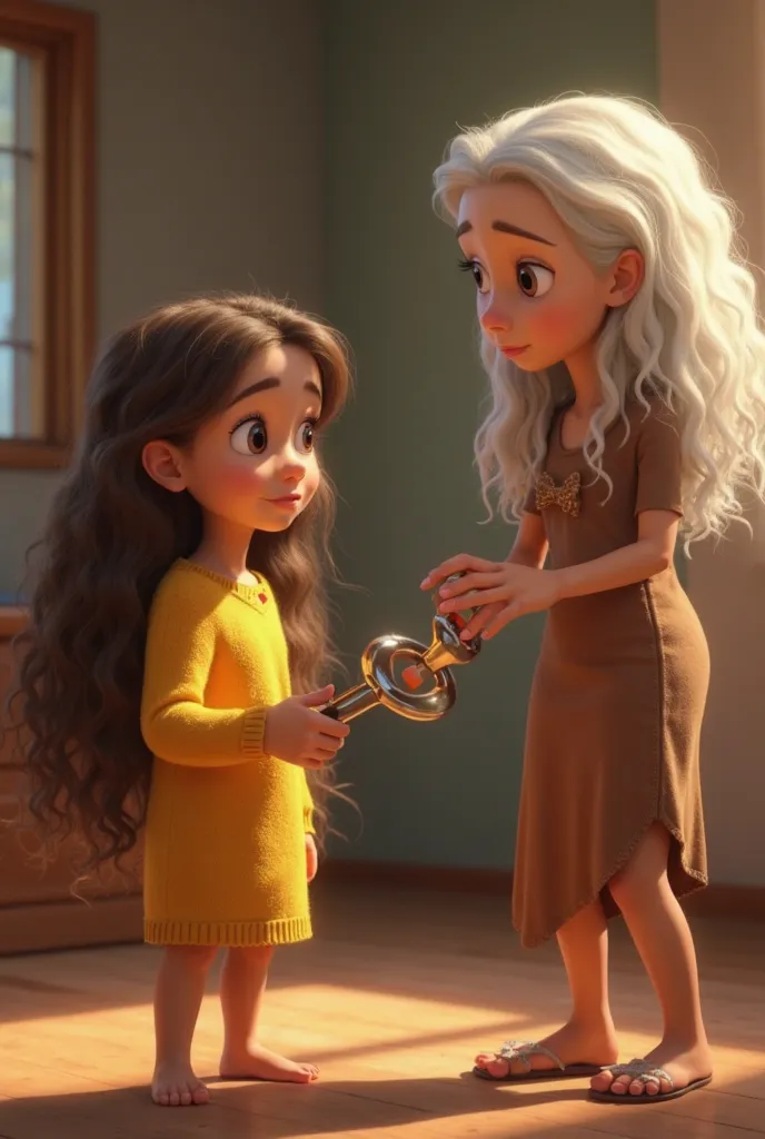  girl of short stature, light brown skin color, long wavy brown hair, brown eyes wearing a yellow sweater talking to her grandmother with white hair and a brown dress who was holding a shiny Disney Pixar style thought detector machine in her hand