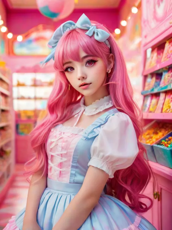 anime girl, pretty face, lolita style pink eyes, long pink hair, candy background, (eye details), (face details), (body details), (background details), (masterpiece)