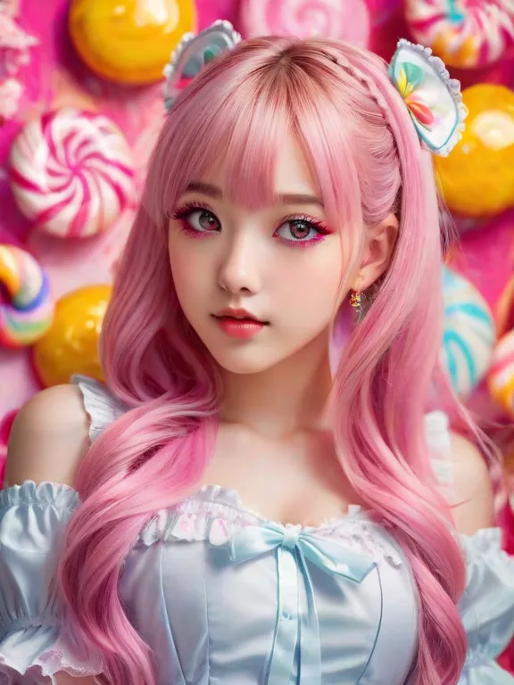 anime girl, pretty face, lolita style pink eyes, long pink hair, candy background, (eye details), (face details), (body details), (background details), (masterpiece)