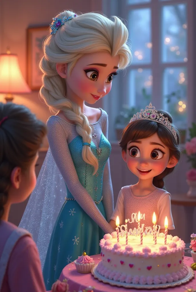 Elsa Frozen on the 5th birthday of a  with dark brown hair tied with 
 Ponytail hairstyle, Dark brown eyes is a birthday cake written by ANA GABRIELA