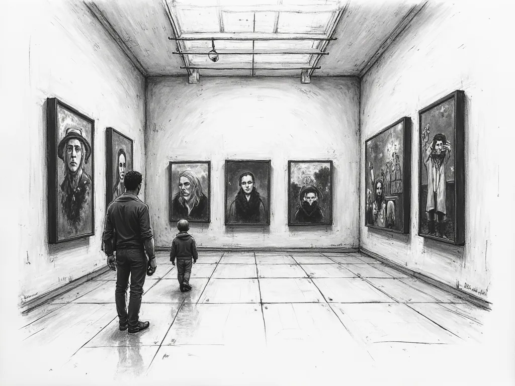 freehand image, In charcoal pencil, in black and white, Sketch of a montage of an art exhibition in a space