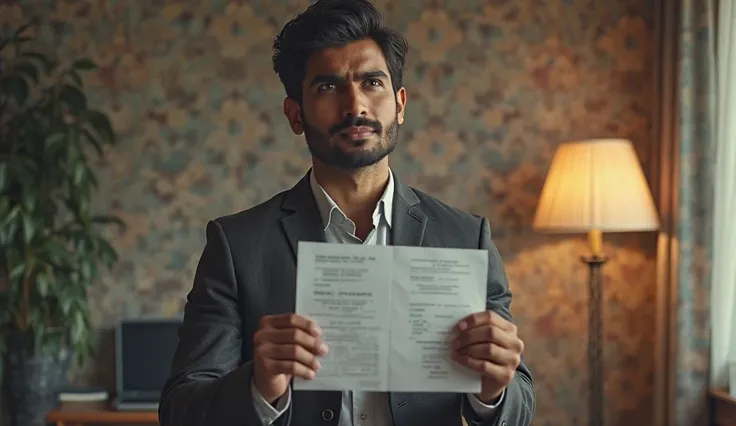 A young Indian man in formal attire holding a job offer letter, standing in front of a laptop with an airplane ticket beside him. His face is a mix of excitement and nervousness.
